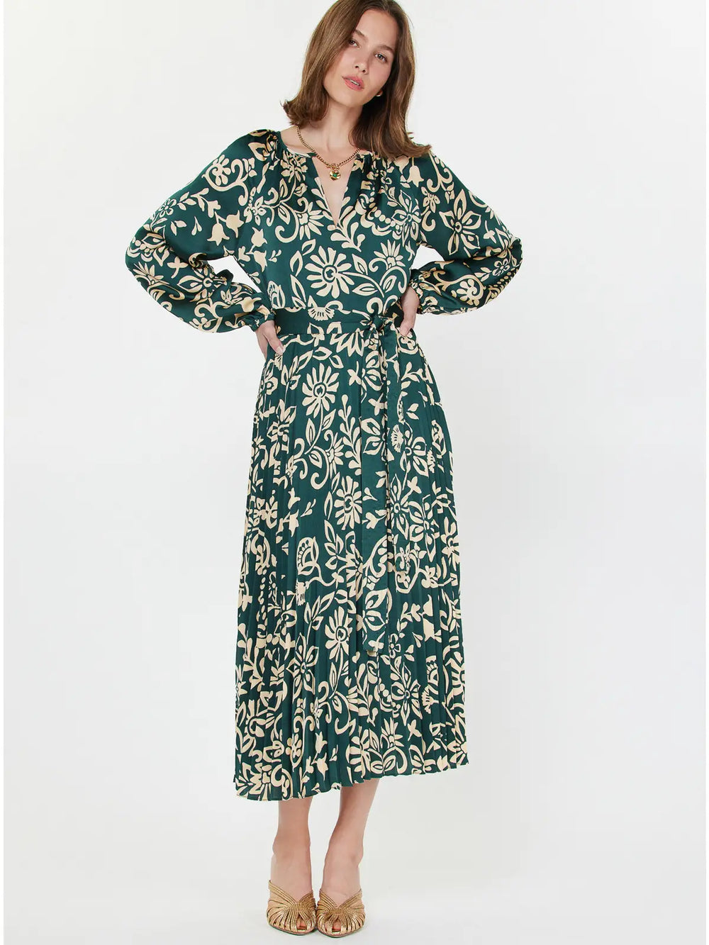 Printed Pleated Dress Teal Floral