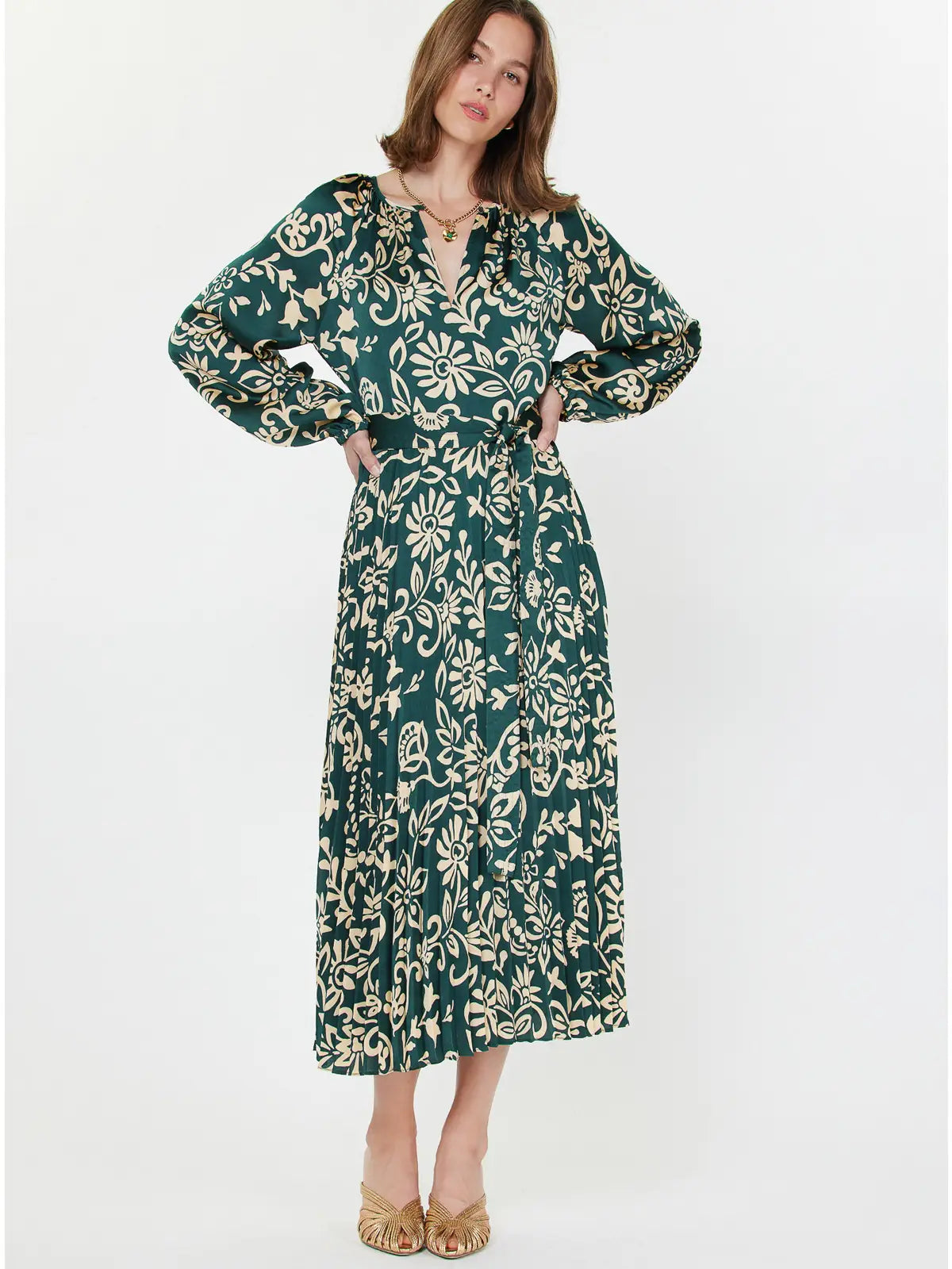 Printed Pleated Dress Teal Floral