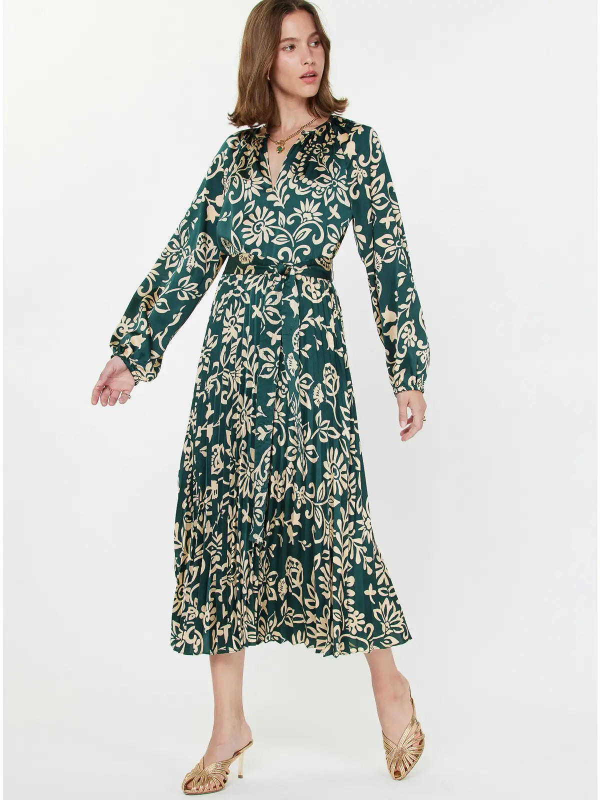 Printed Pleated Dress Teal Floral