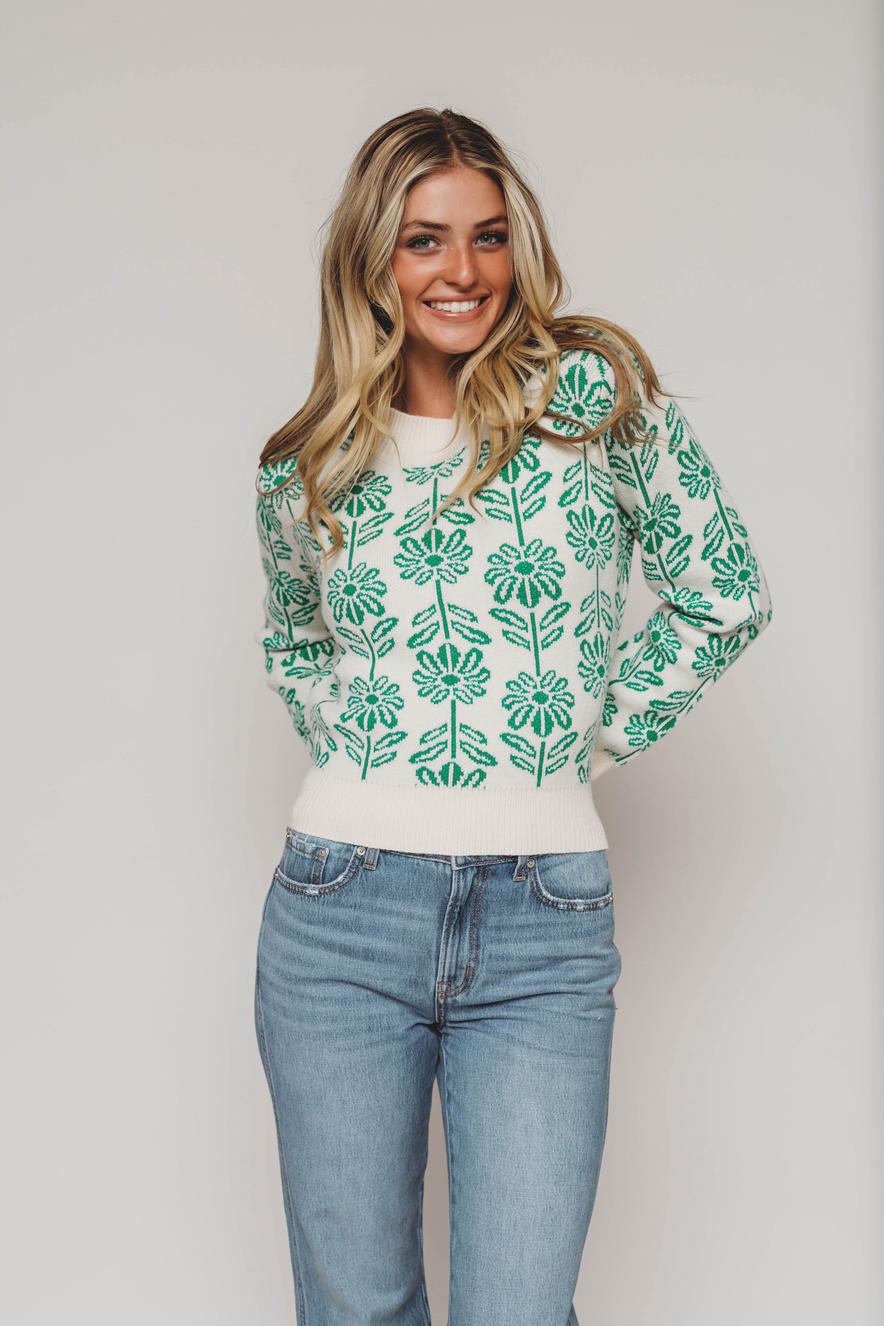 Billie Kelly Green Flower Sweater