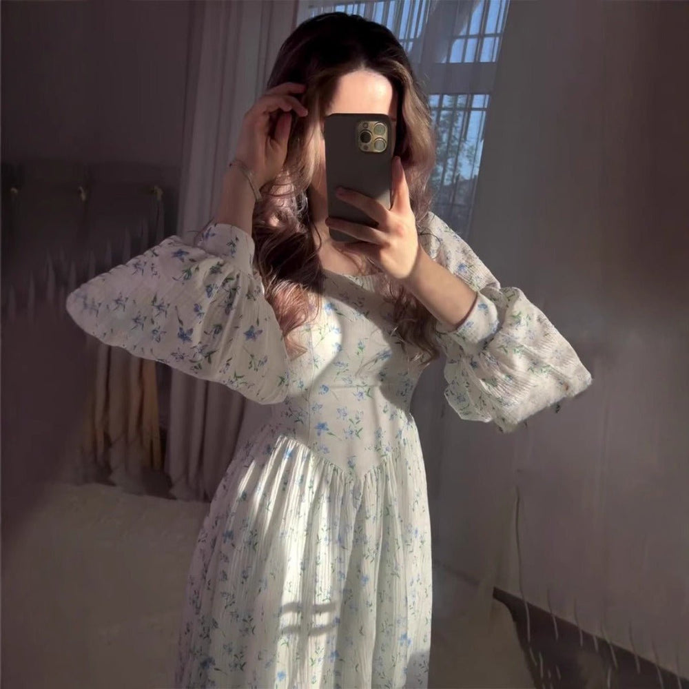 Floral Square Neck Maxi Dress Cottagecore Lace-Up Bustier Dress with Puff Sleeves & Pleated Skirt (MA234)