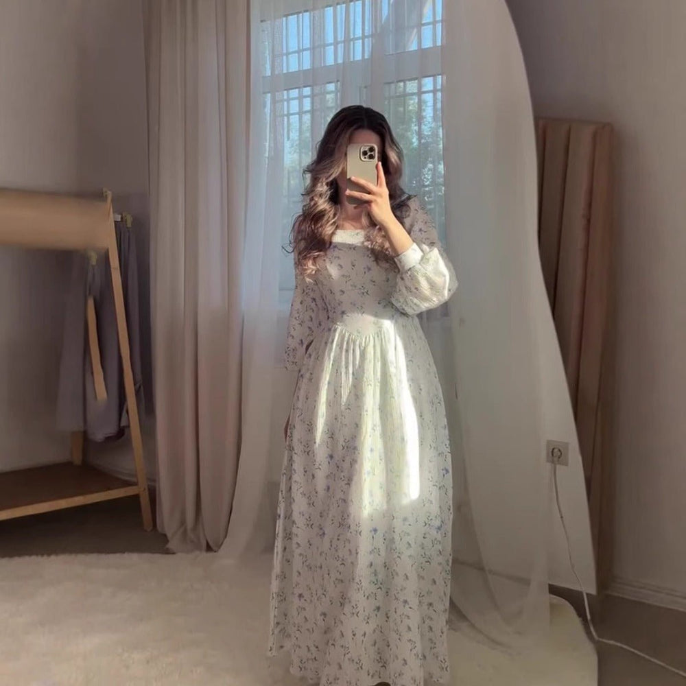 Floral Square Neck Maxi Dress Cottagecore Lace-Up Bustier Dress with Puff Sleeves & Pleated Skirt (MA234)