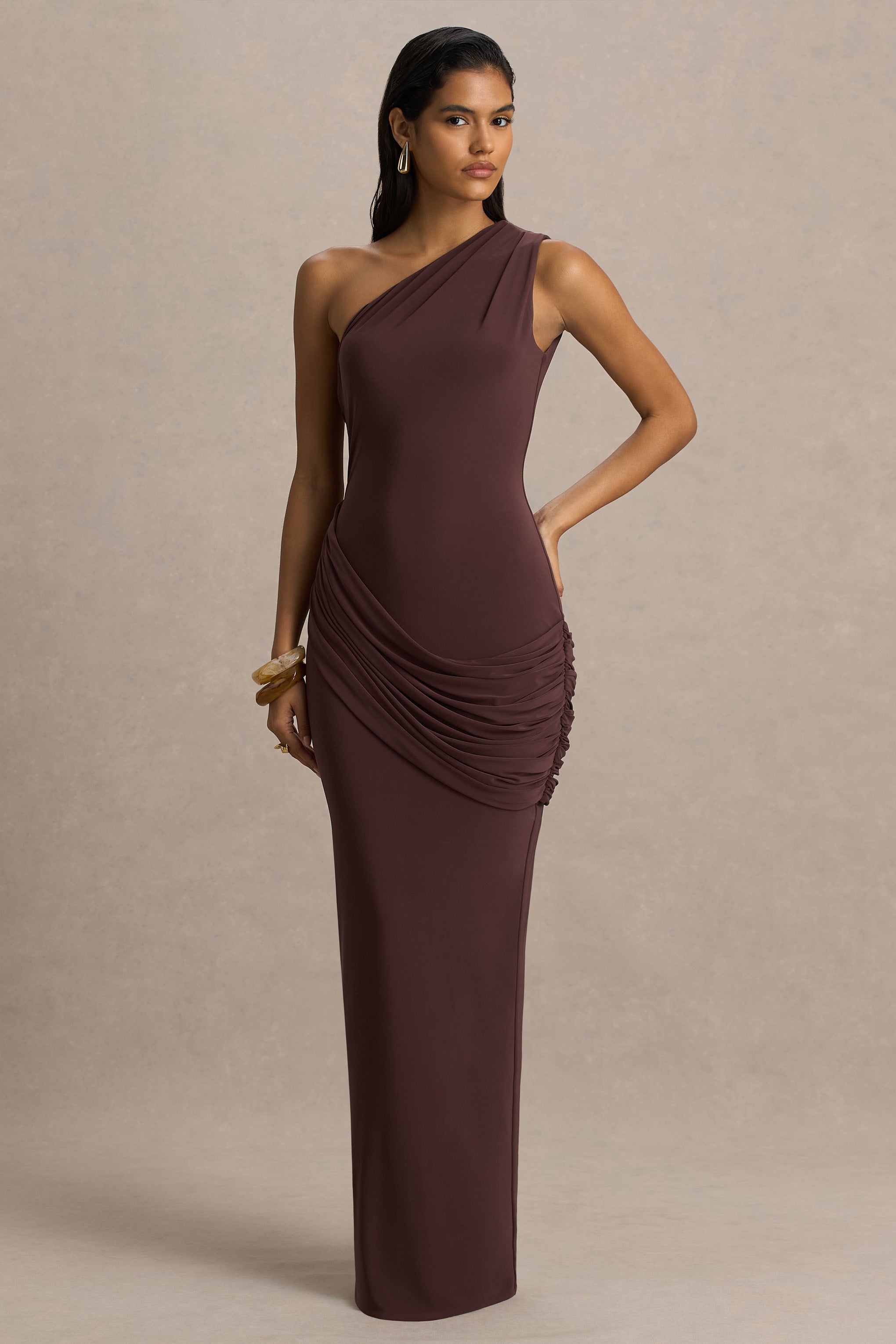 Elisa | Brown Asymmetric-Neck Maxi Dress With Open-Back And Ruched Detailing