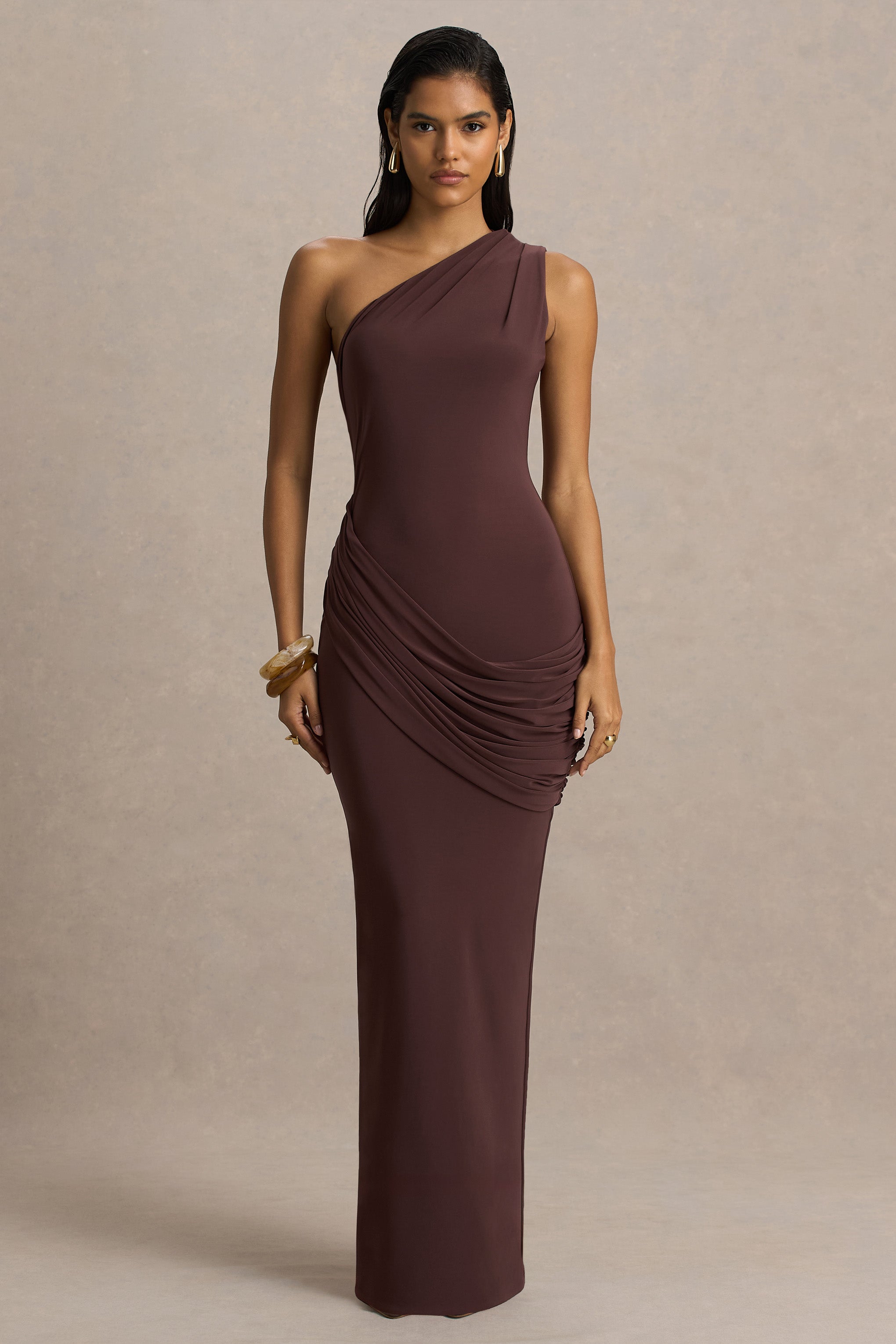 Elisa | Brown Asymmetric-Neck Maxi Dress With Open-Back And Ruched Detailing